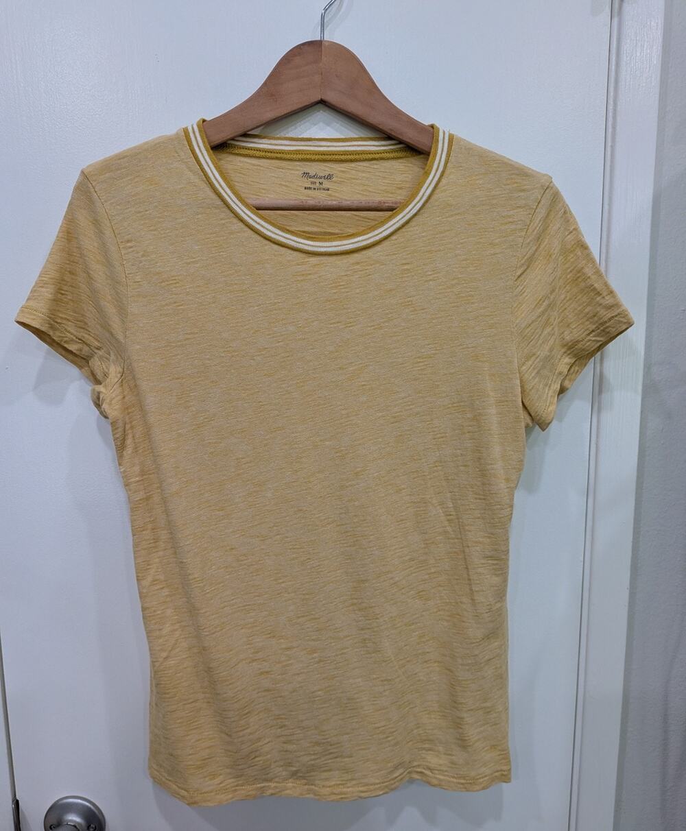 Madewell Ringer Tee Whisper Cotton Mustard Yellow White Stripe Slub Knit Size M
